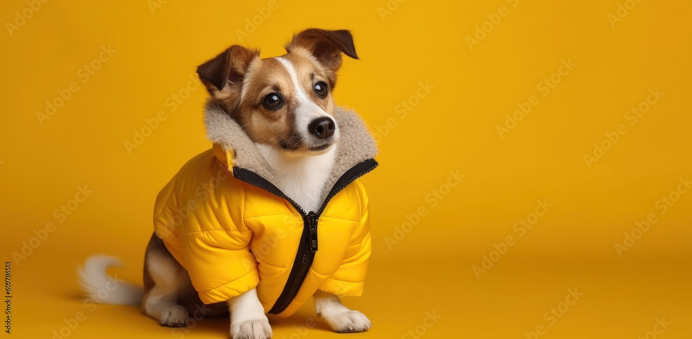 Terrier wearing bright yellow puffer down jacket on an yellow background, studio portrait. AI generative