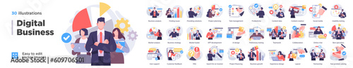 Digital Business Concept illustrations. Mega set. Collection of scenes with men and women taking part in business activities. Vector illustration