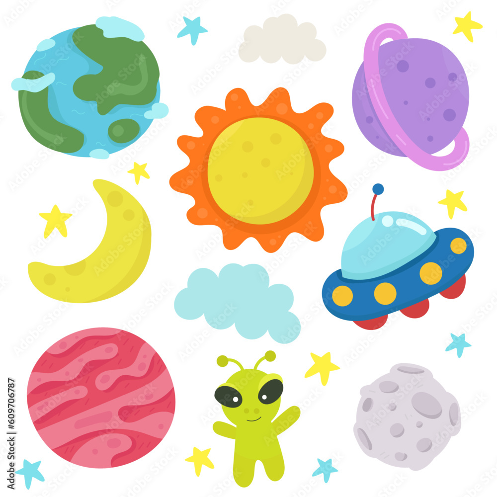 Naklejka premium Set of cute cartoon space.