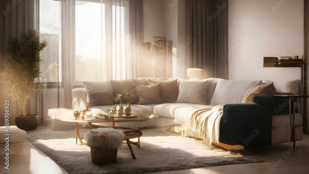 A beautifully furnished living room with a cozy and stylish interior. - obrazy, fototapety, plakaty 