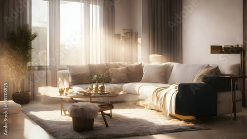 A beautifully furnished living room with a cozy and stylish interior.