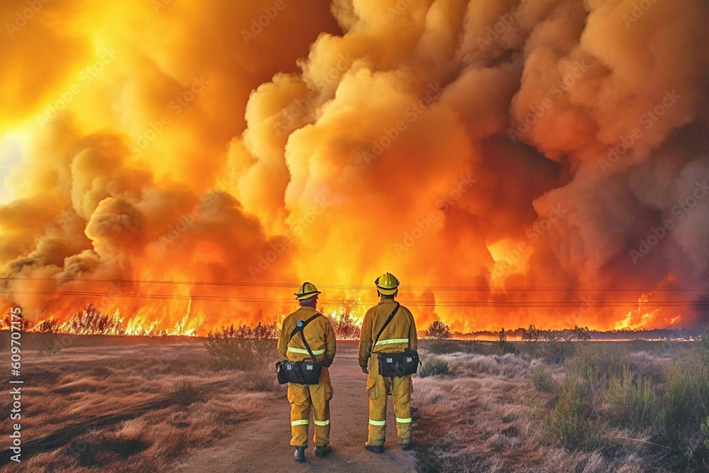 Obraz premium Firefighters Observing Large Wildfire from a Field - AI Generative