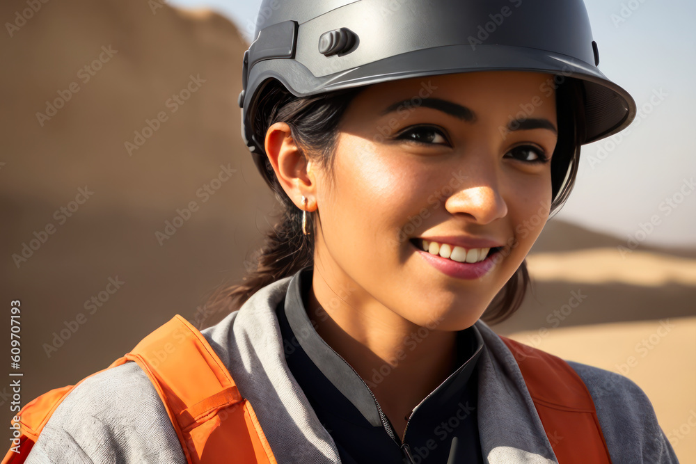 Portrait of the female oil engineer in an orange vest, desert oil rig background. Generative AI Portrait of the female oil engineer in an orange vest, desert oil rig background. Generative AI