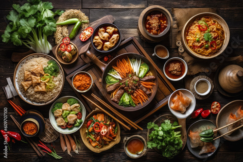 Different kinds of Asian cuisine on a table. Created with Generative AI.