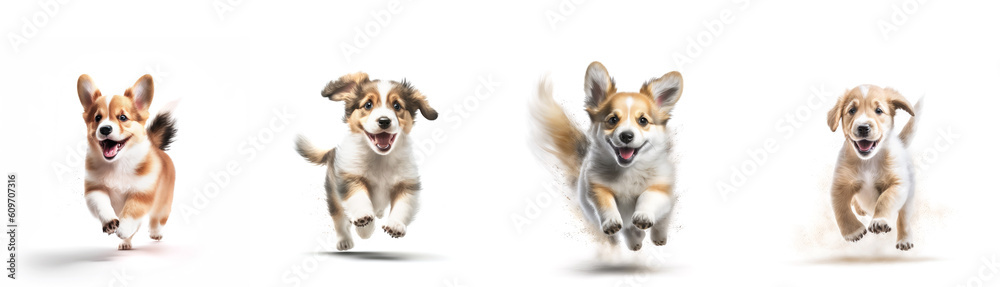Collage with running happy puppies on white background. AI generative illustration
