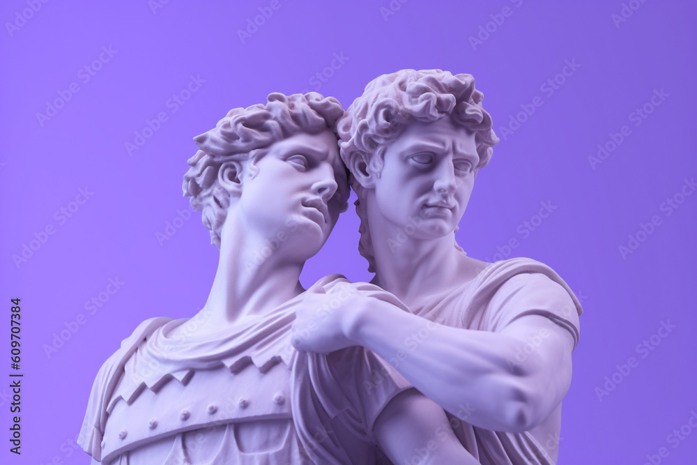 Gay Ancient Greek purple statue couple on a pastel purple background created with AI generative tools