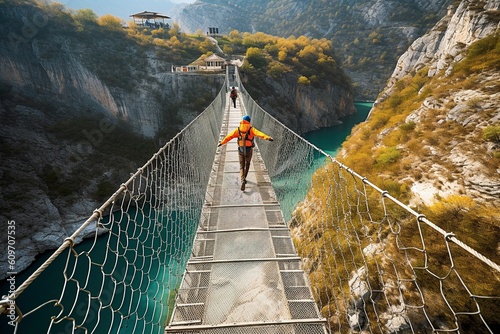 Adventurous Traveler Crossing Rope Bridge Over Deep Valley.