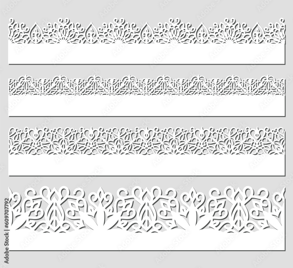 Collection of vertical seamless borders for design. Black lace silhouette isolated on white background. Suitable for laser cutting