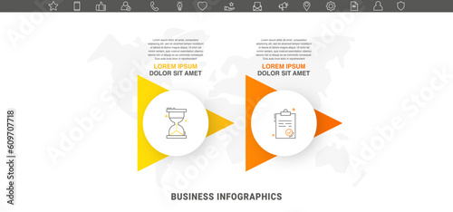 Simple business vector infographics with two circles and triangles. Timeline visualization with 2 steps for diagram, flowchart, banner, presentations, web, content, levels, chart, graphic with icons