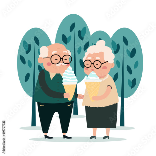 Elderly people active lifestyle flat composition. Senior couple eating ice cream
