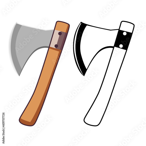 Hatchet , Broad axe or short Viking axe with a wooden handle and a sharp metal blade vector illustration