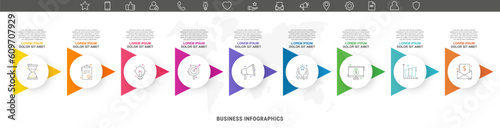 Simple business vector infographics with nine circles and triangles. Timeline visualization with 9 steps for diagram, flowchart, banner, presentations, web, content, levels, chart, graphic with icons