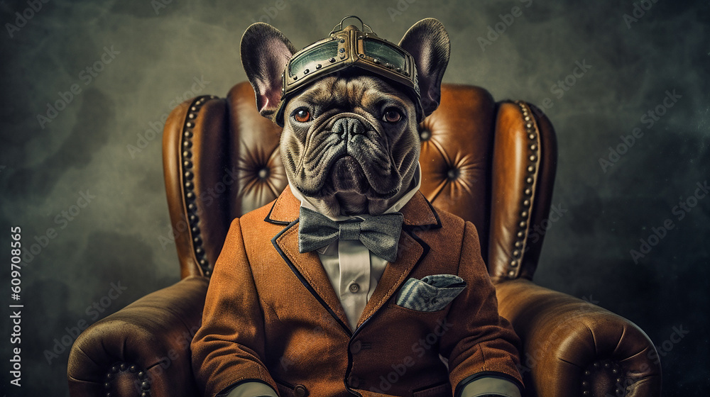 Obraz premium Generative AI. A gentleman French Bulldog, wearing a steampunk suit with a war helmet is sitting in the war hammer