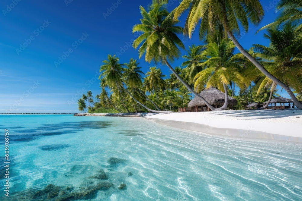 Summer landscape, palm trees and blue calm sea. Generative AI