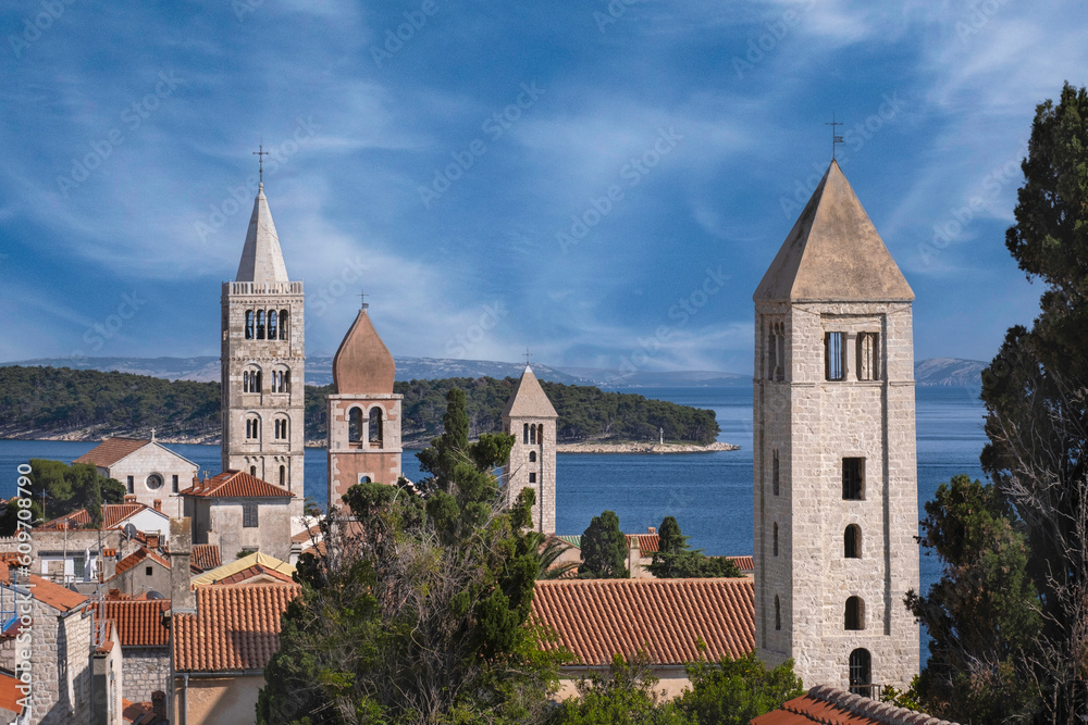 Famous medieval bell towers in the old town of Rab, Croatia