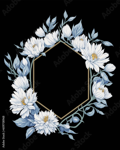 Flower Frame Hexagon of Flower Asters White for Wedding Invitation Ornament.