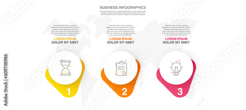 Vector infographic design template. Modern timeline concept with 3 steps, circles. Vector illustration used for diagram, workflow layout, banner, webdesign, presentations, flowchart