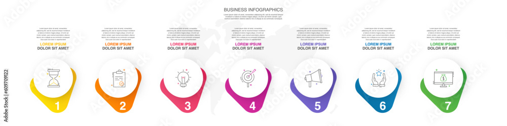 colorful buttons timeline process | timeline ppt,... Vector infographic design template. Modern timeline concept with seven ...