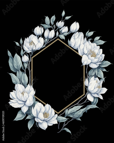 Flower Frame Hexagon of Flower Magnolia White for Wedding Invitation Ornament.