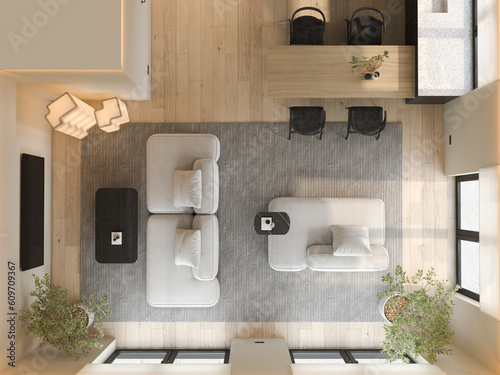 Modern style conceptual interior room top view 3d illustration