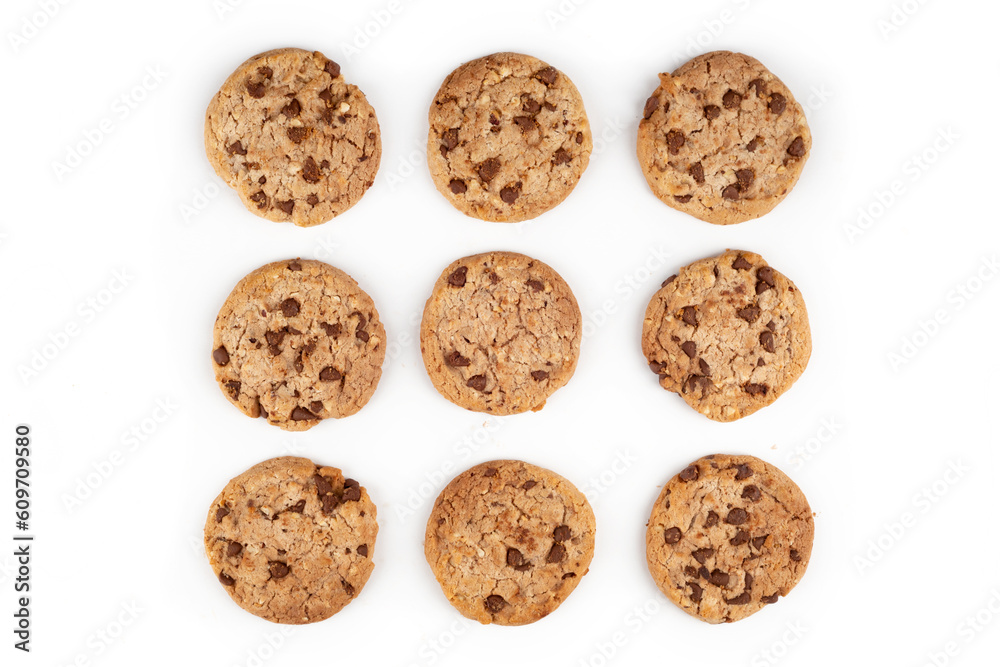 Chocolate chip cookies isolated on white background. Top view. Flat lay pattern. Chocolate chip cookies isolated on white background. Top view. Flat lay pattern.