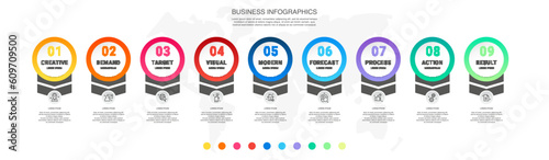 Vector business infographics template. Timeline with 9 circle, icon, arrow, steps, nine number options. Can be used for workflow layout, diagram, chart, banner, web design. Modern illustration