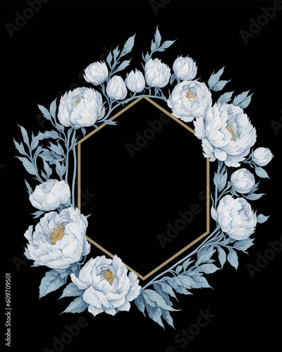 Flower Frame Hexagon of Flower Peony White for Wedding Invitation Ornament.