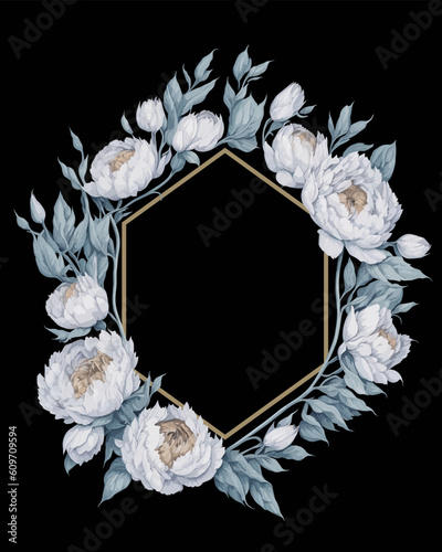 Flower Frame Hexagon of Flower Peony White for Wedding Invitation Ornament.