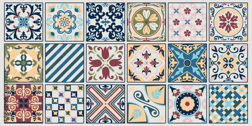 Set of patterned azulejo floor tiles. Abstract geometric background. Vector illustration, seamless mediterranean pattern. Portuguese floor tiles azulejo design. Floor cement talavera tiles collection.