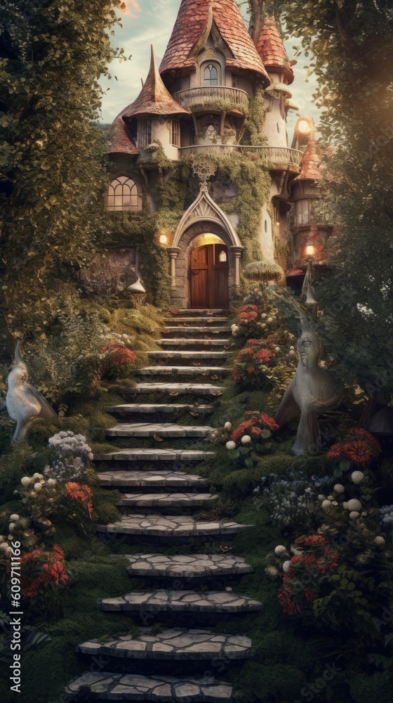 Fototapeta premium fairytale palace hiddening in the woods ai generative