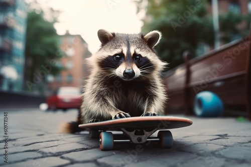 Cute raccoon skateboarder skateboarding down the city street. Generative AI illustration