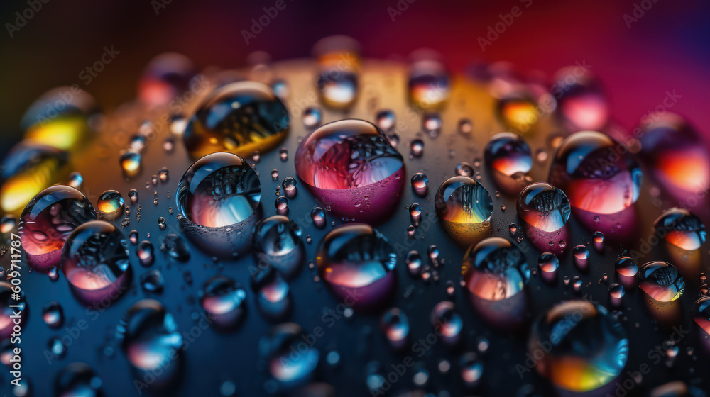 Water droplets on a leaf. Colorful macro background. Created with Generative AI Technology
