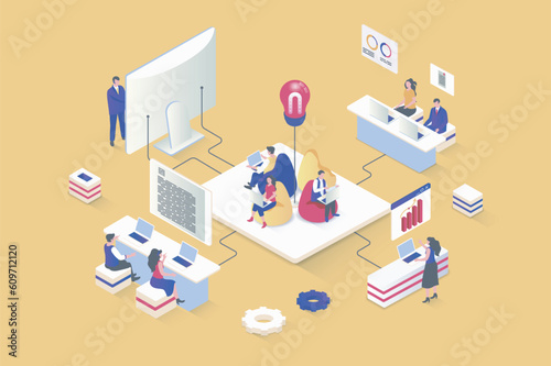Coworking concept in 3d isometric design. Colleagues or freelancers work on laptop in open space office, team collaborate at workplace. Vector illustration with isometry people scene for web graphic