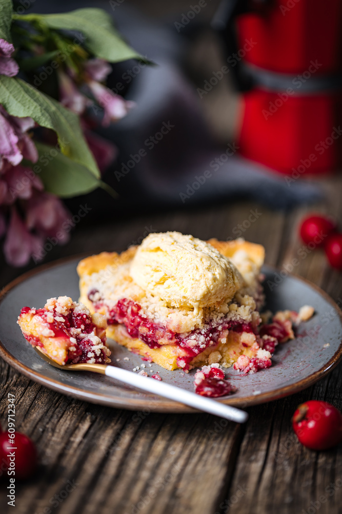Tart with sour cherry creme, creme patisserie and crumbs, served with vanilla ice cream. Rustic and moody atmosphere and decoration. 
