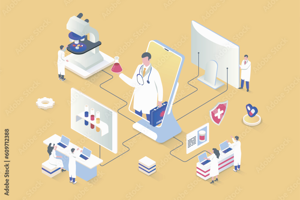 Medicine concept in 3d isometric design. Doctor consults patients