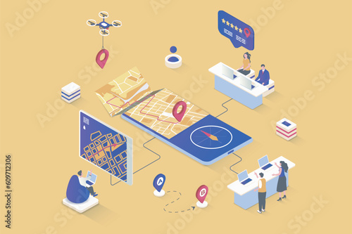 GPS navigation concept in 3d isometric design. Map navigation system with pointer, road traffic and online tracking in mobile app screen. Vector illustration with isometry people scene for web graphic