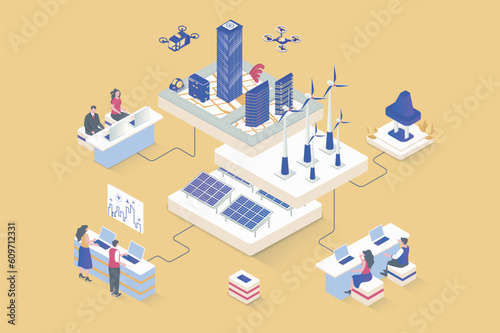 Green city concept in 3d isometric design. Cityscape with skyscrapers, alternative energy sources and eco friendly infrastructure. Vector illustration with isometry people scene for web graphic