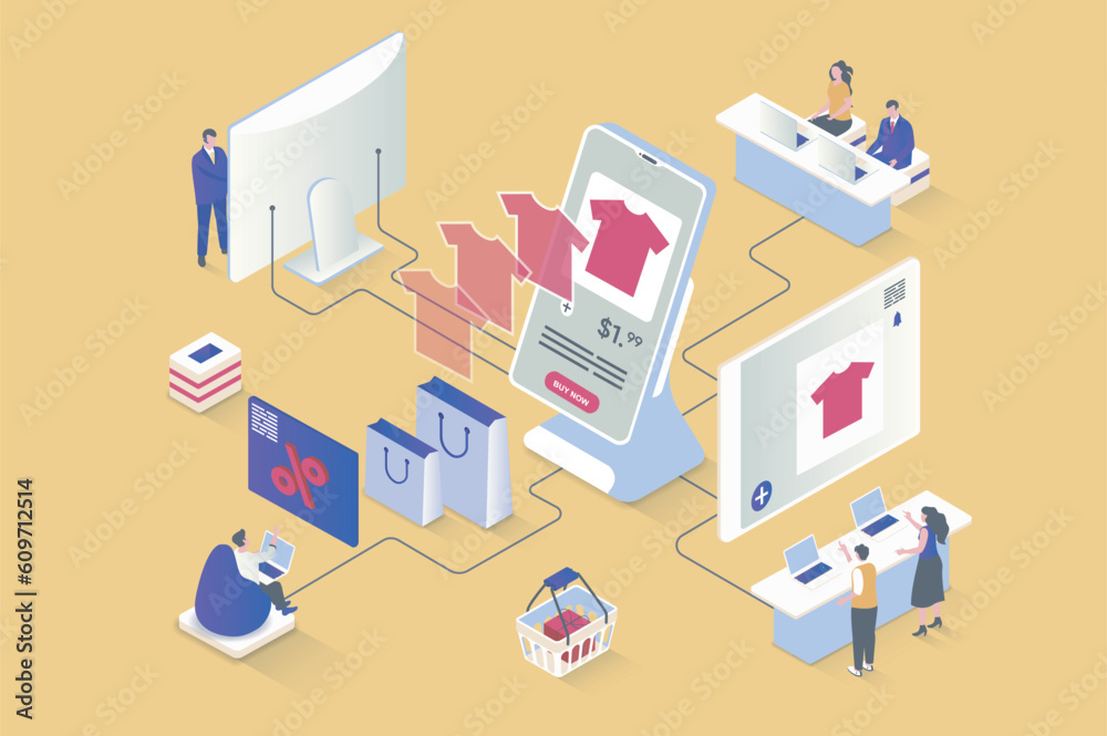 Online shopping concept in 3d isometric design. Buyers choose products with discount prices using mobile applications and store sites. Vector illustration with isometry people scene for web graphic
