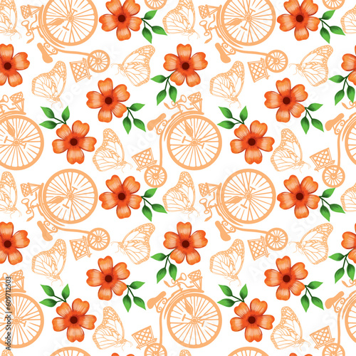 Butterflies, bicycle, flowers. Vector seamless pattern on a summer theme. Covers, wrapping paper, greeting cards, summer banners, wedding invitations.
