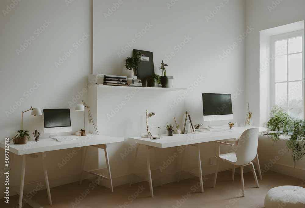 unique workplace with empty white mock up computer laptop. smart Office concept. Creative workplace empty, elegant, copy space, Generative AI, illustration