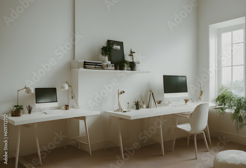 unique workplace with empty white mock up computer laptop. smart Office concept. Creative workplace empty, elegant, copy space, Generative AI, illustration © Nitiphonphat