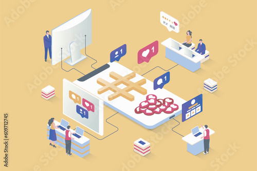 Social network concept in 3d isometric design. Online communication, subscriptions to profiles and blogs, likes, shares of new posts. Vector illustration with isometry people scene for web graphic
