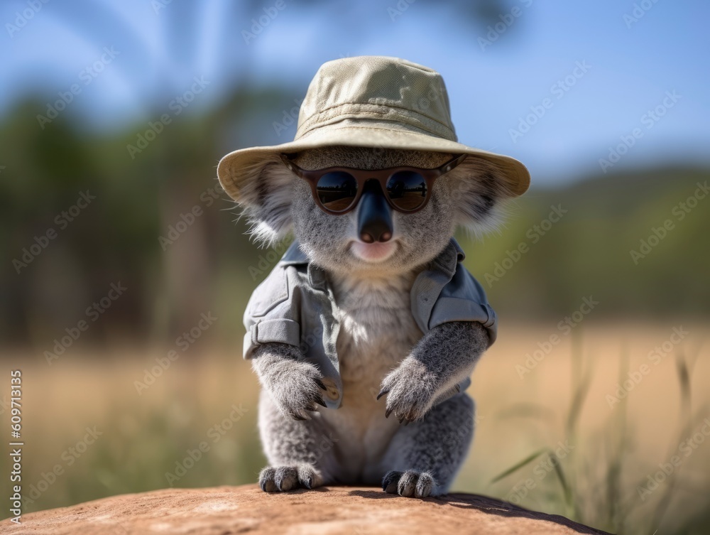 A little Koala wearing a safari hat and sunglass 