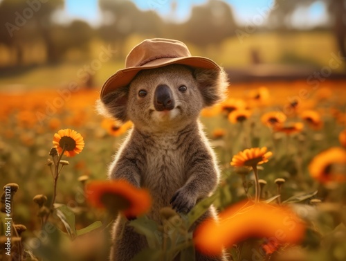 Fototapeta Naklejka Na Ścianę i Meble -  A little Koala wearing a safari hat in beautiful flowers field