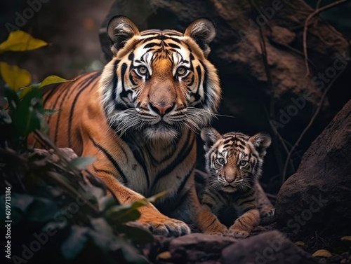 Photo tiger with cute baby illustration  