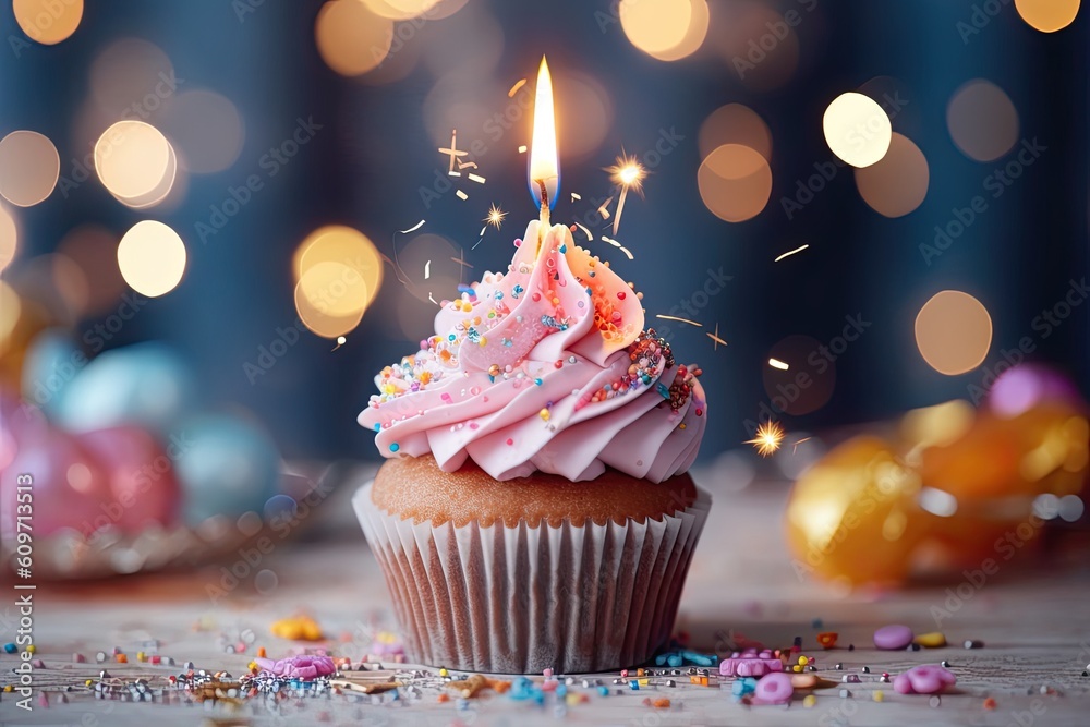 Birthday cupcake with candle on bokeh background, closeup. Created with Generative AI tools