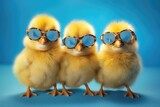 Three cute little yellow chickens in sunglasses on a blue background. Easter concept. Created with Generative AI tools