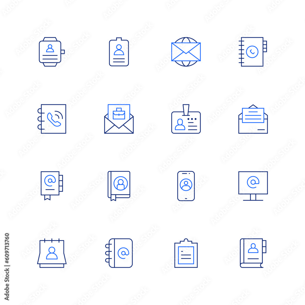 Contact icon set. Editable stroke. Duotone color. Thin line icon. Containing smartwatch, id card, mail, phonebook, phone book, hired, invitation, agenda, phone contact, contact us, contact, contacts.