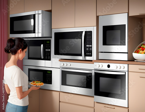 woman using are bringing food into the microwave oven at home. To reheat frozen food for their. Cooking made easy concept. Generative AI, illustration