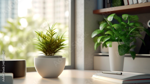 Sunlight filtering through the window an office desk with plants. Generative AI